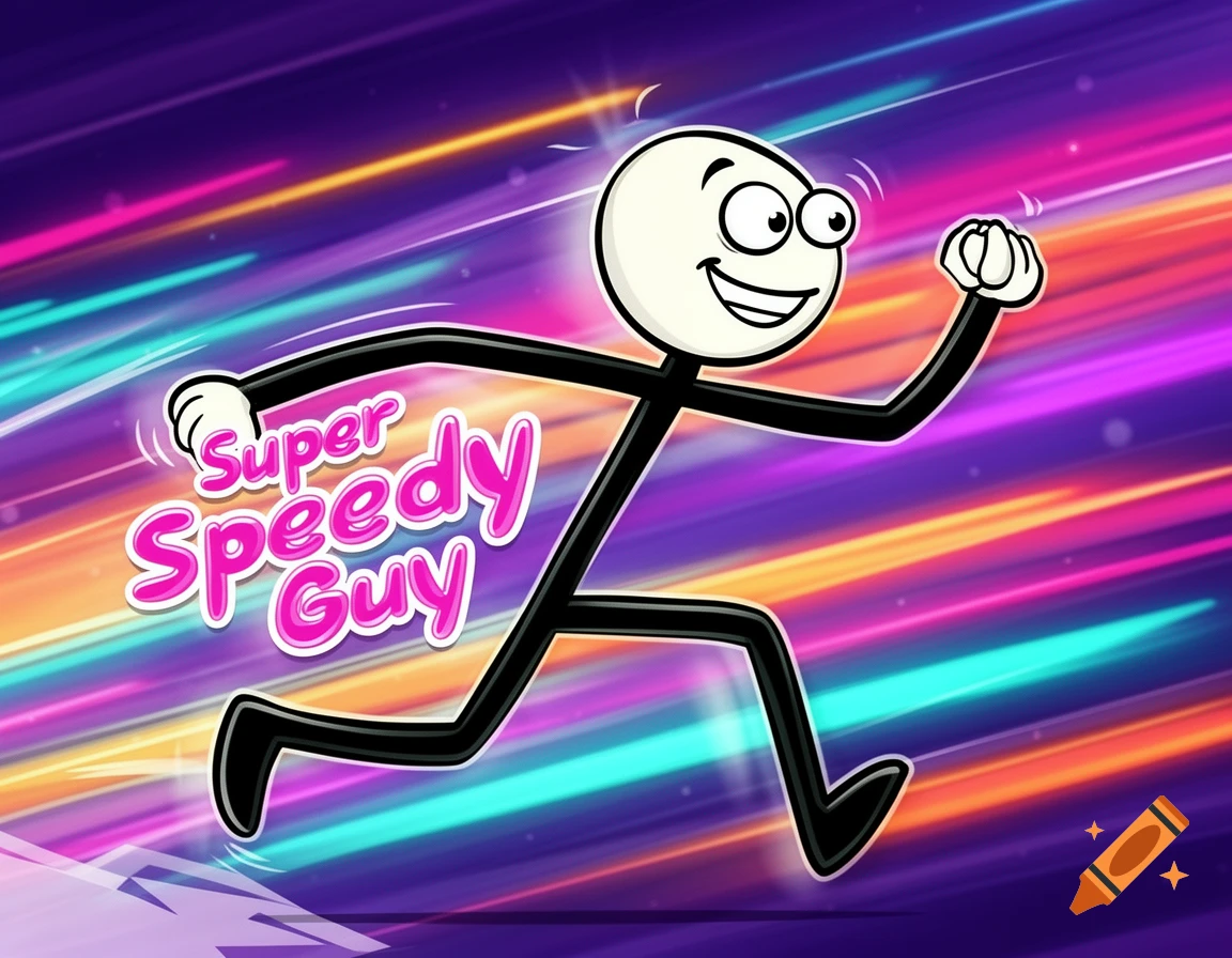 A cartoon stick figure with a smiling face runs across a vibrant, streaky background, with "Super Speedy Guy" text.