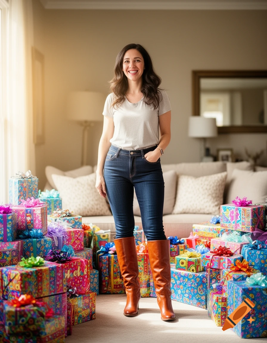 A smiling woman in jeans and brown boots stands in a sunlit room, surrounded by stacks of colorful wrapped presents.