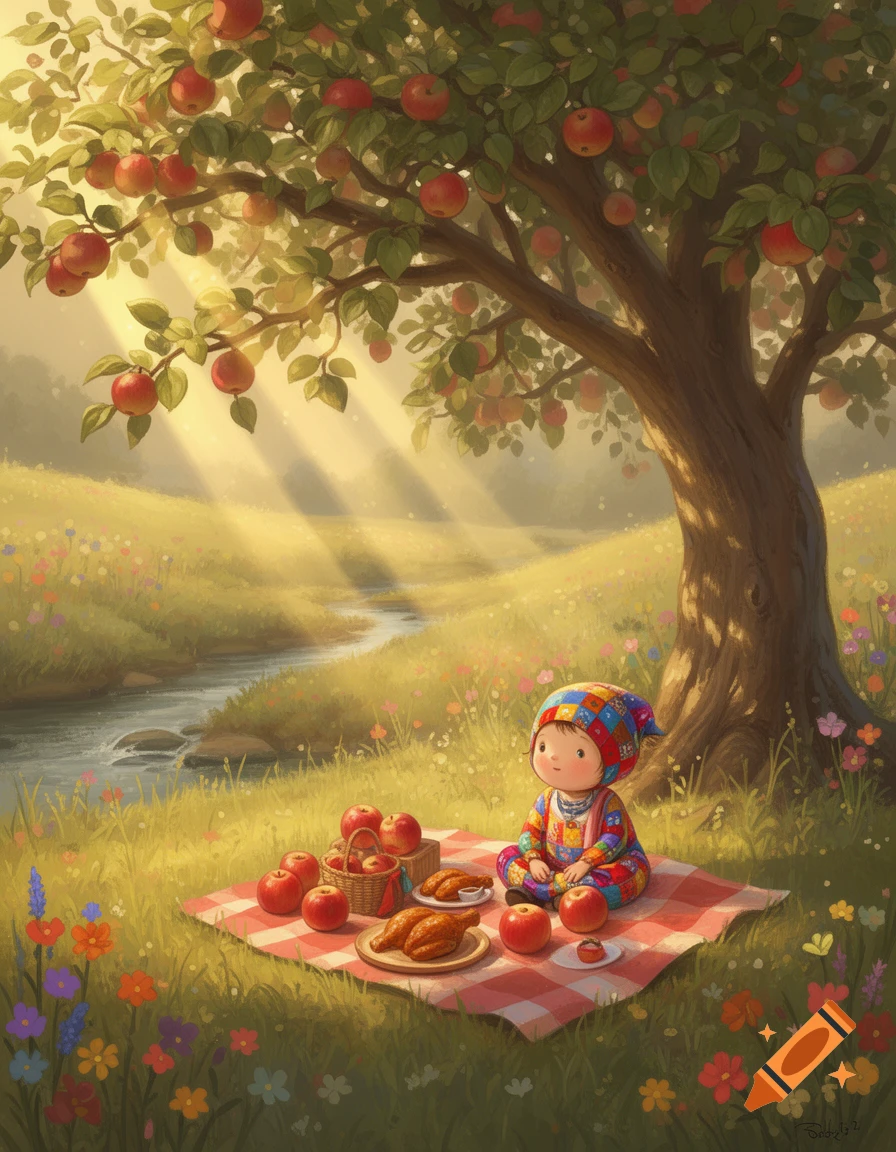 A cute child in a patchwork outfit sits on a picnic blanket with apples and chicken under a sunny apple tree by a river in a meadow.