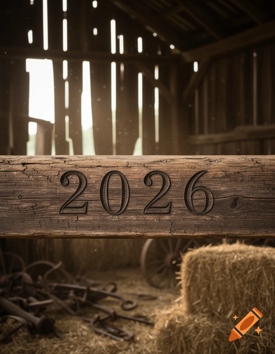 A close-up shot of the number 2026 carved into a rustic wooden beam inside a dimly lit barn with hay bales.
