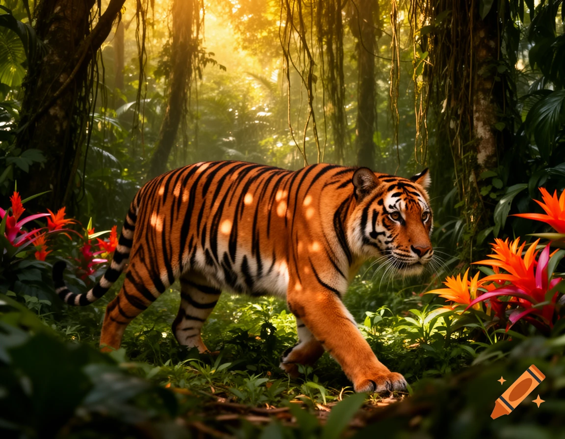 A majestic tiger with bright orange and black stripes walks through a lush, sun-dappled green jungle, surrounded by vibrant red and orange plants.