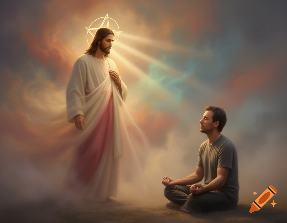 Jesus, with a pentagram halo and glowing rays, looks down at a meditating man in a misty, spiritual setting.