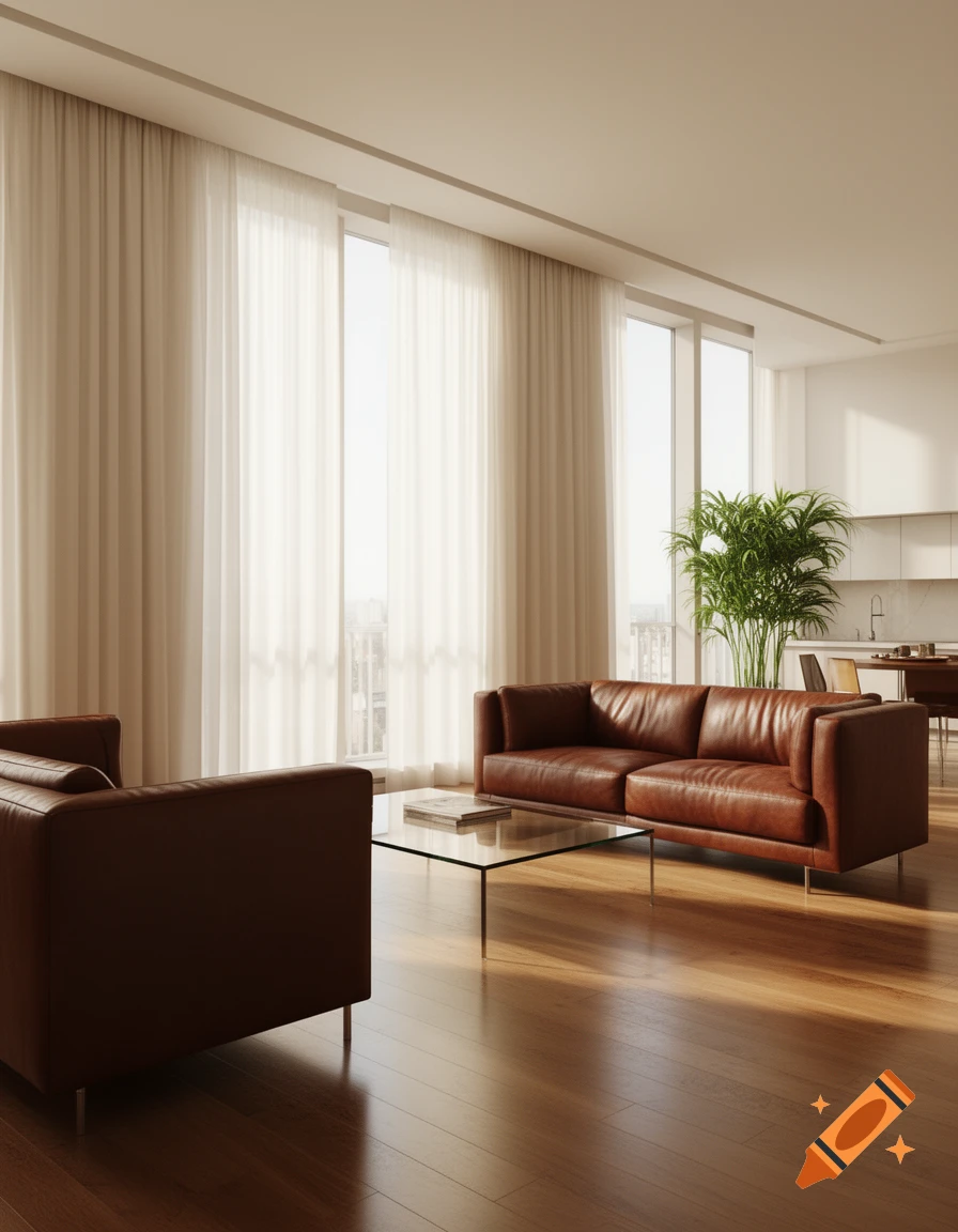 A sunlit modern living room with brown leather couches, a glass coffee table, and sheer white curtains over large windows.