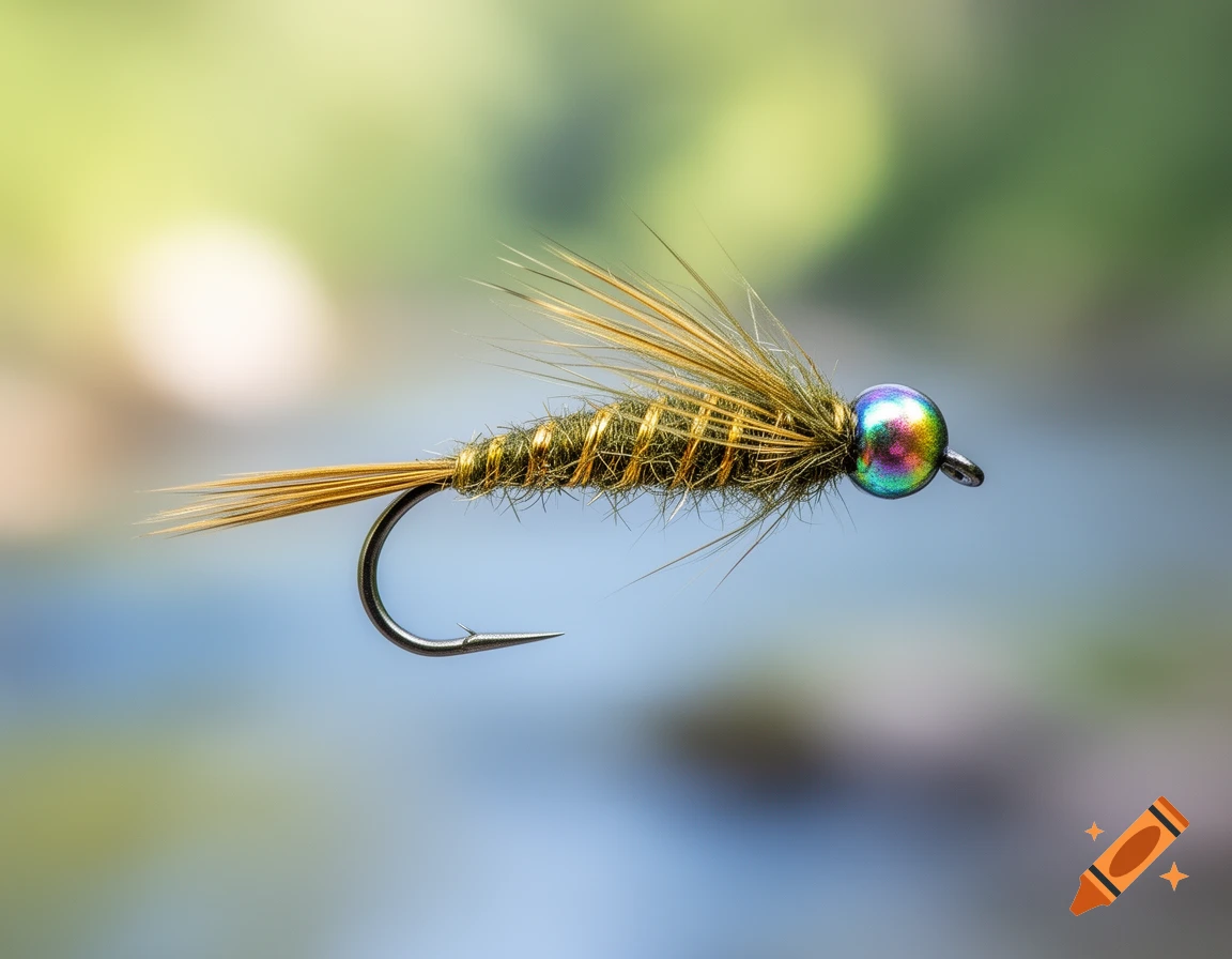 Close-up of a Perdigon nymph fly fishing lure with a gold-wrapped body, brown feathers, and an iridescent bead head, against a blurred natural background.
