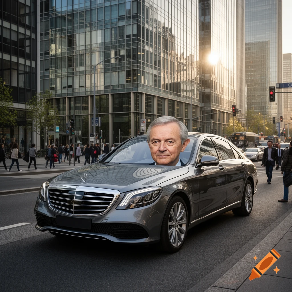 Friedrich Merz's head emerges from the windshield of a silver Mercedes-Benz sedan on a busy city street.