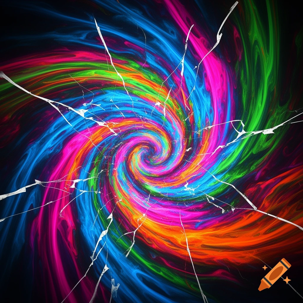 A vibrant, colorful spiral of blue, pink, green, and orange, with white cracks radiating across it on a black background.