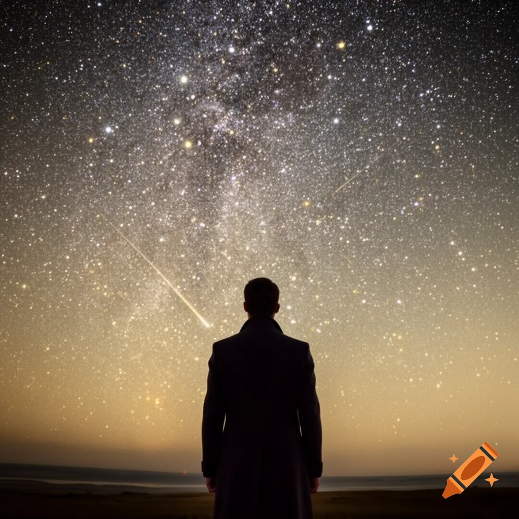 A person stands looking up at a vast, starry night sky with a meteor shower over a landscape.