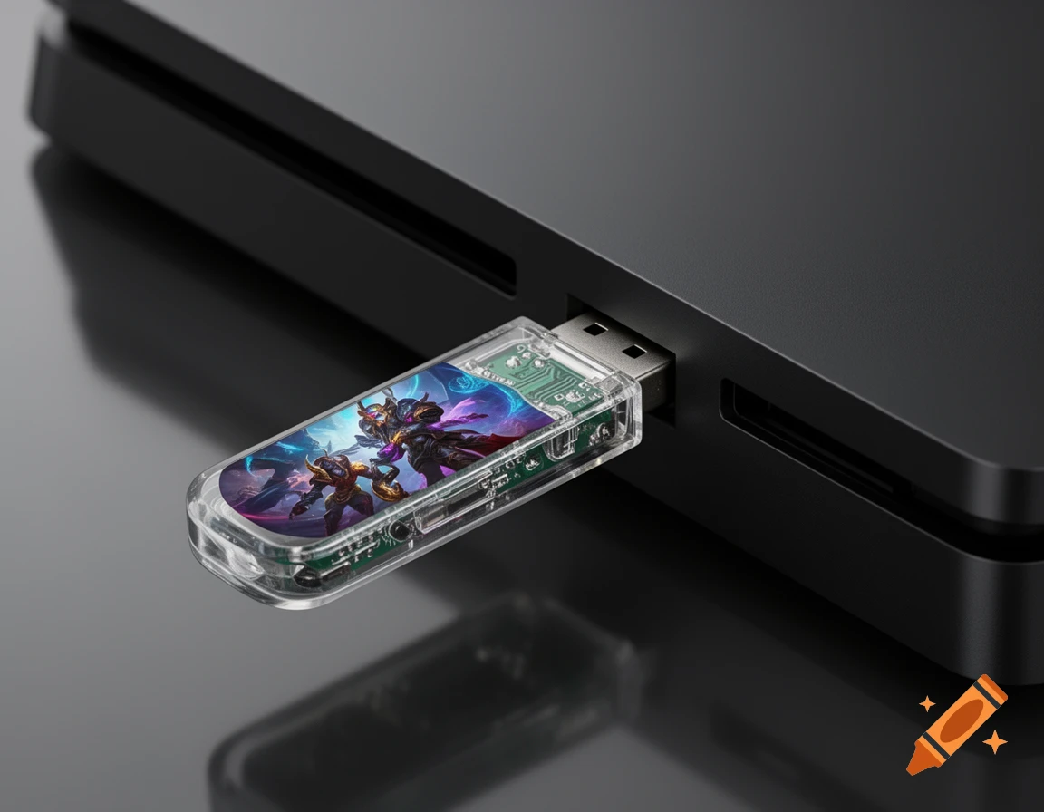 A transparent USB stick with fantasy video game artwork plugged into a black gaming console, showing detailed circuitry.