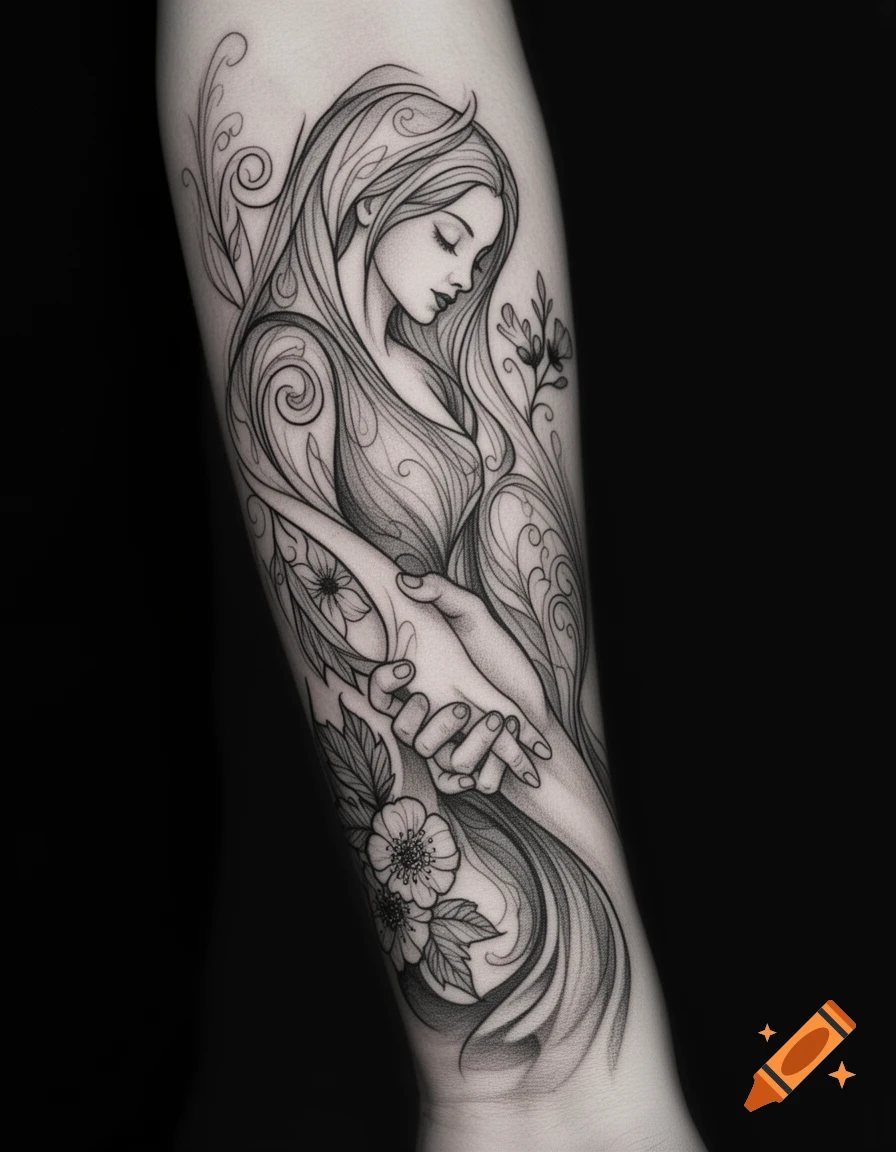 A black and white fine line art tattoo on an arm, featuring a serene woman, hands holding a child's hand, and floral details.
