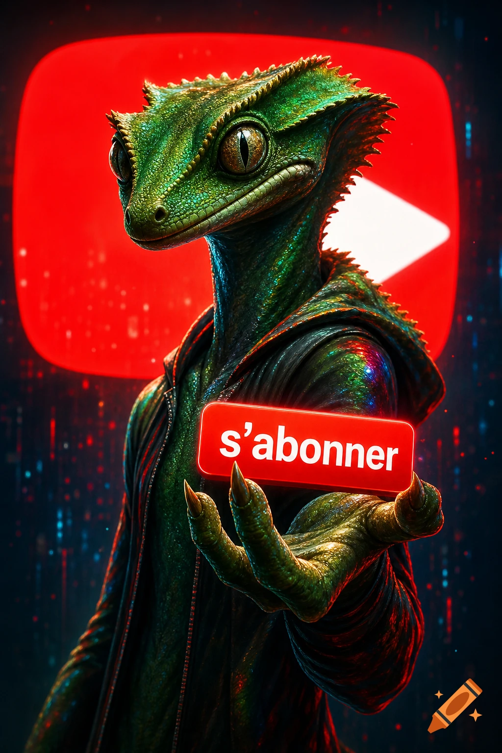 A detailed, humanoid green crested gecko in a hoodie holds a red 's'abonner' (subscribe) button in front of a glowing YouTube logo.