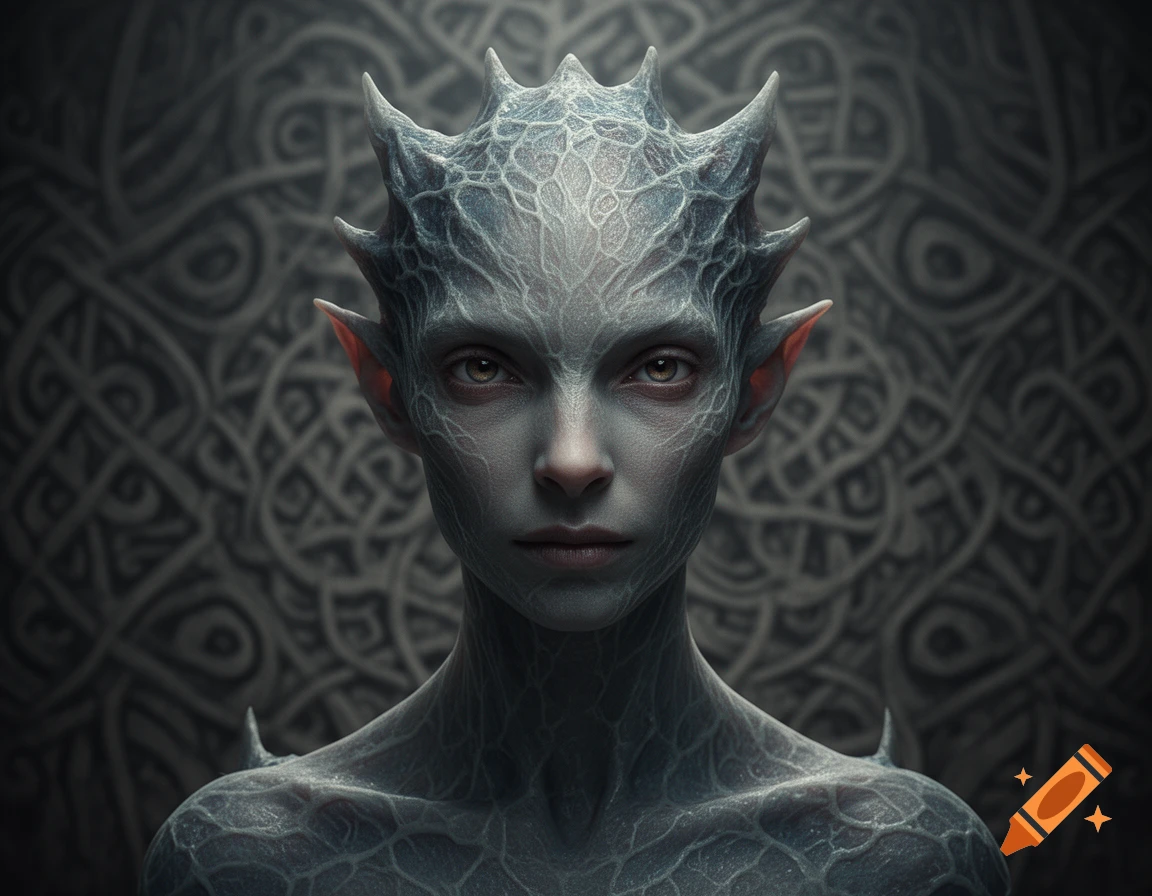 Close-up of a surreal, grey-skinned creature with pointed ears and spiky head adornments, against a dark, intricate patterned background.