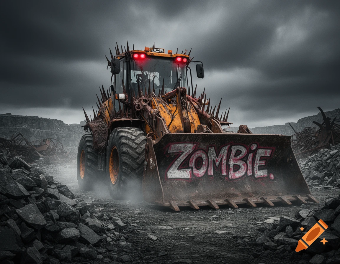 A rusty, spiked yellow bulldozer with 'ZOMBIE.' painted on its blade, red lights glowing, drives through a desolate, rocky wasteland under a stormy sky.