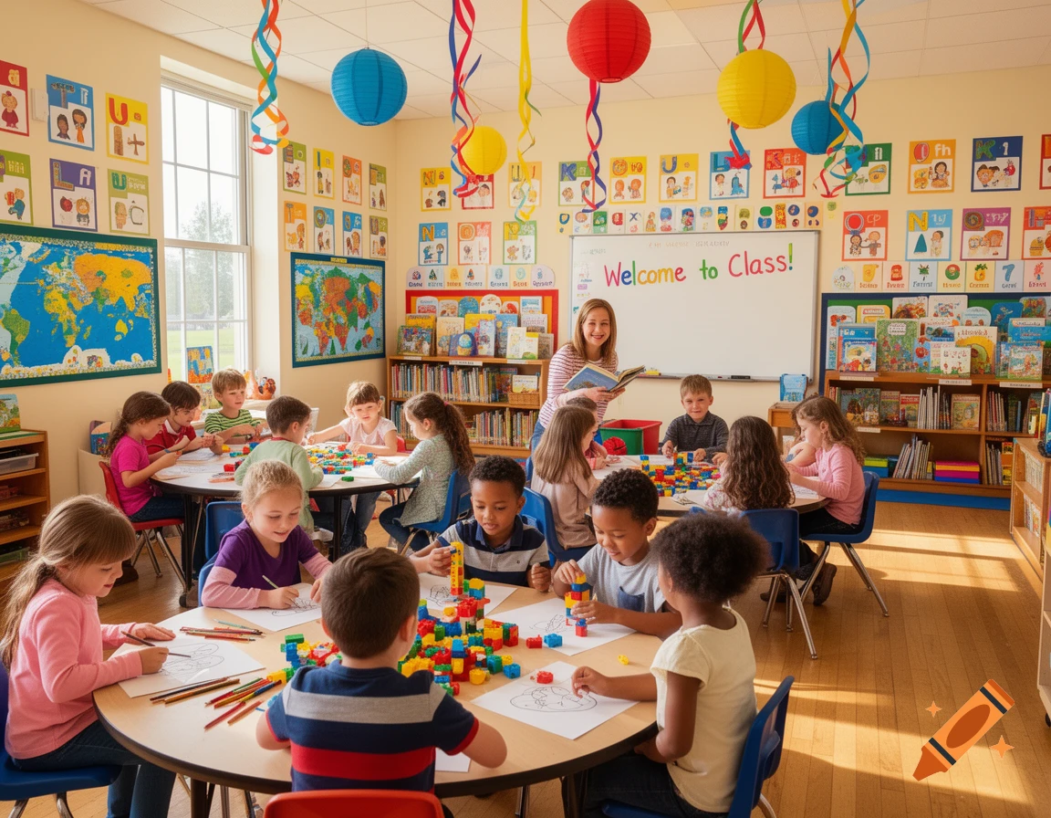 A photorealistic image of a vibrant elementary school classroom with a teacher and diverse children drawing and playing with building blocks at round tables.