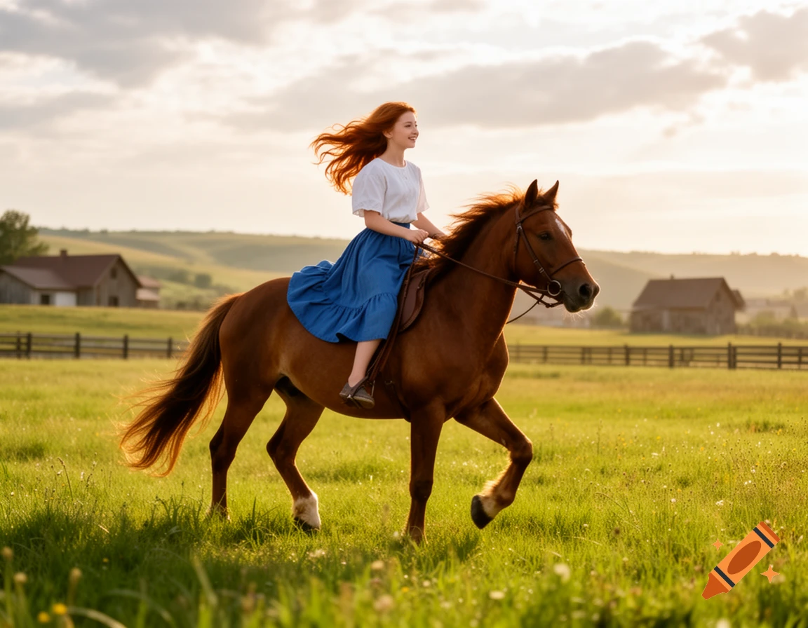 A young red-haired woman rides a brown horse through a grassy field during golden hour, with farmhouses in the background.