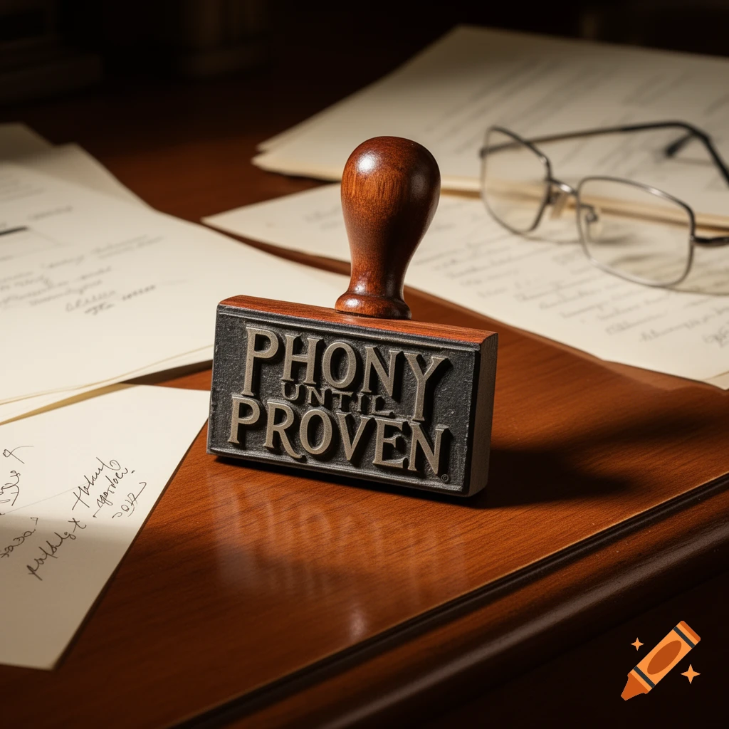 Photorealistic close-up of a rubber stamp reading 'PHONY UNTIL PROVEN' on a wooden desk with papers and glasses.
