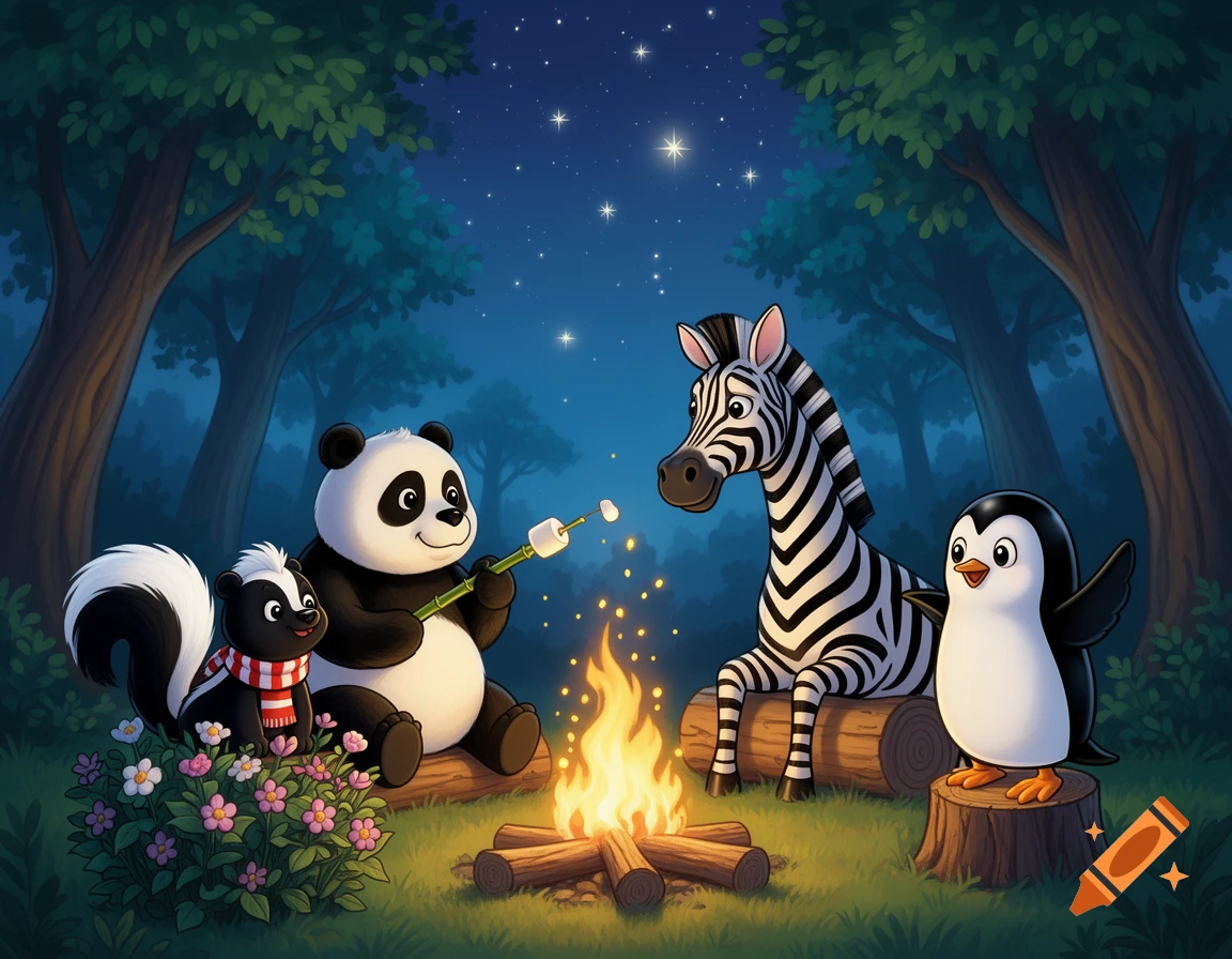 Cartoon panda, skunk, zebra, and penguin sit around a campfire in a forest at night, roasting marshmallows.