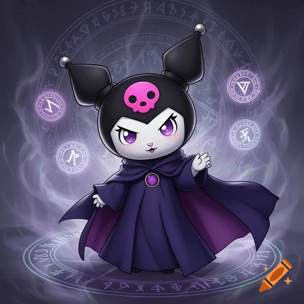 Kuromi dressed as Raven, a cartoon character in a purple cloak with a pink skull on her head, surrounded by glowing runes and magical circles.