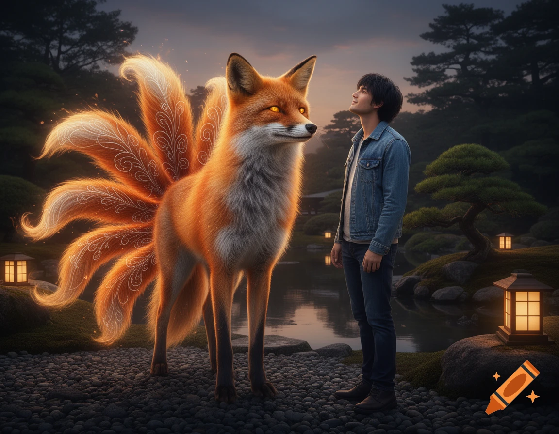 An enormous, glowing nine-tailed kitsune fox stands next to a man looking up at it in a serene Japanese garden at dusk.