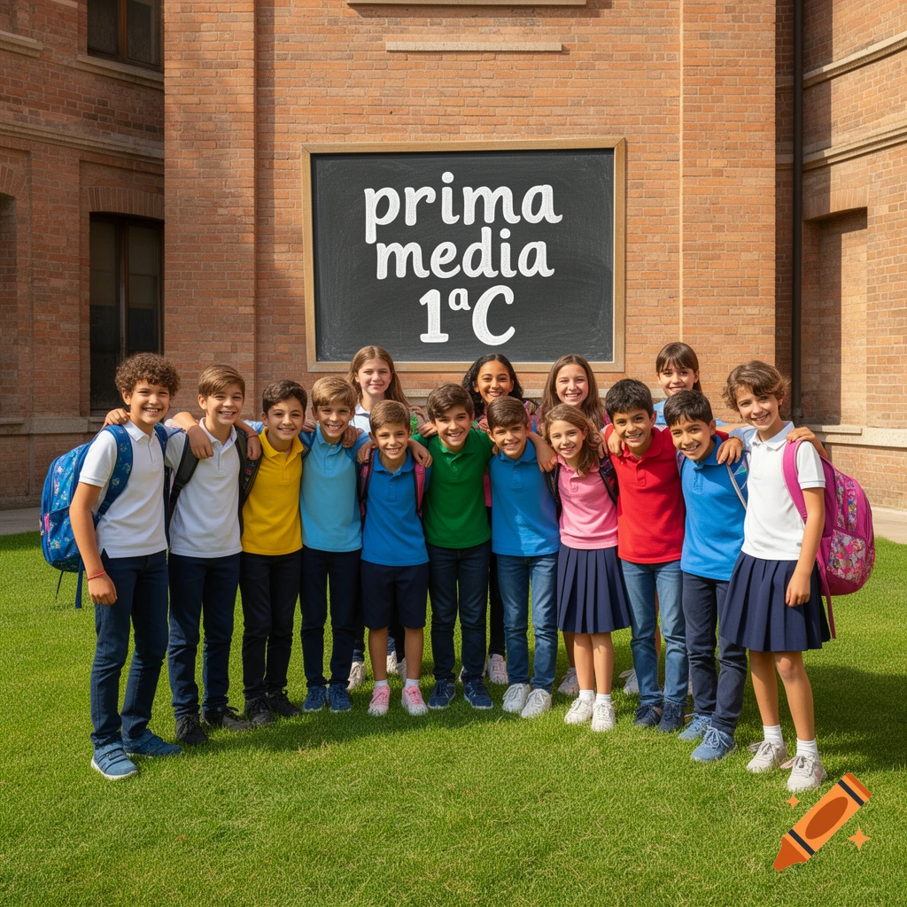 Smiling students in colorful uniforms pose for a group photo in front of a brick school building. A blackboard reads 'prima media 1 A'C'.