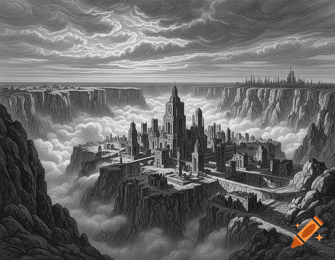 A detailed black and white engraving of a vast fantasy city built on rocky plateaus high above the clouds, surrounded by canyons.