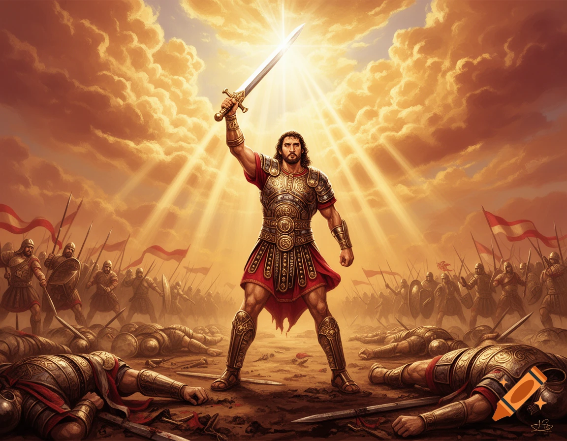 A warrior in ancient armor raises a glowing sword under a radiant sky over a battlefield with fallen soldiers and an army in the background.