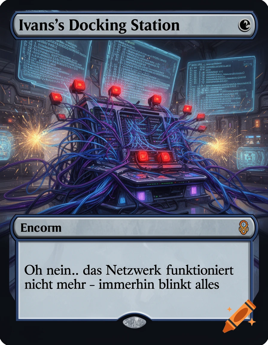 A Magic: The Gathering card titled "Ivans's Docking Station" depicts a server exploding with colorful wires and sparks, displaying gibberish code on screens. The flavor text says: "Oh nein.. das Netzwerk funktioniert nicht mehr - immerhin blinkt alles"
