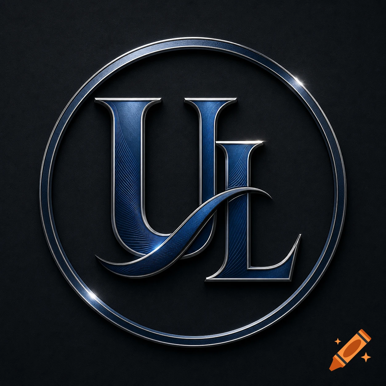 Dark blue metallic 'UL' monogram logo within a silver circle on a dark textured background.