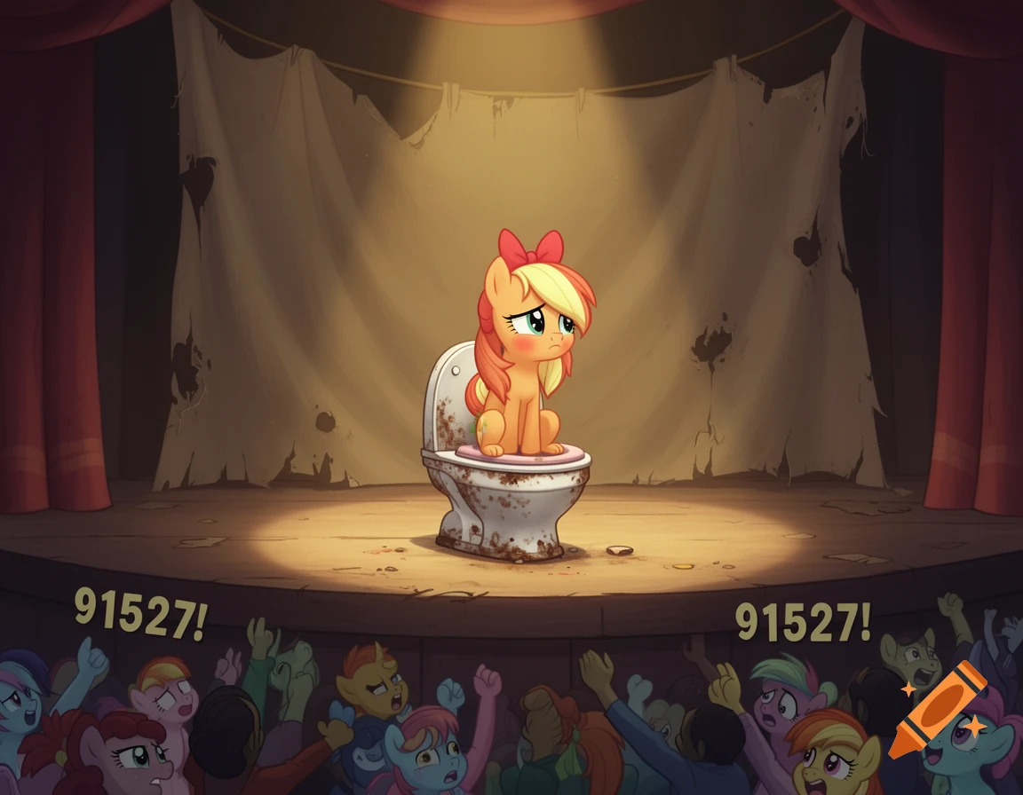 Embarrassed Apple Bloom sits on a dirty toilet on a stage while a cartoon audience shouts '91527!'.