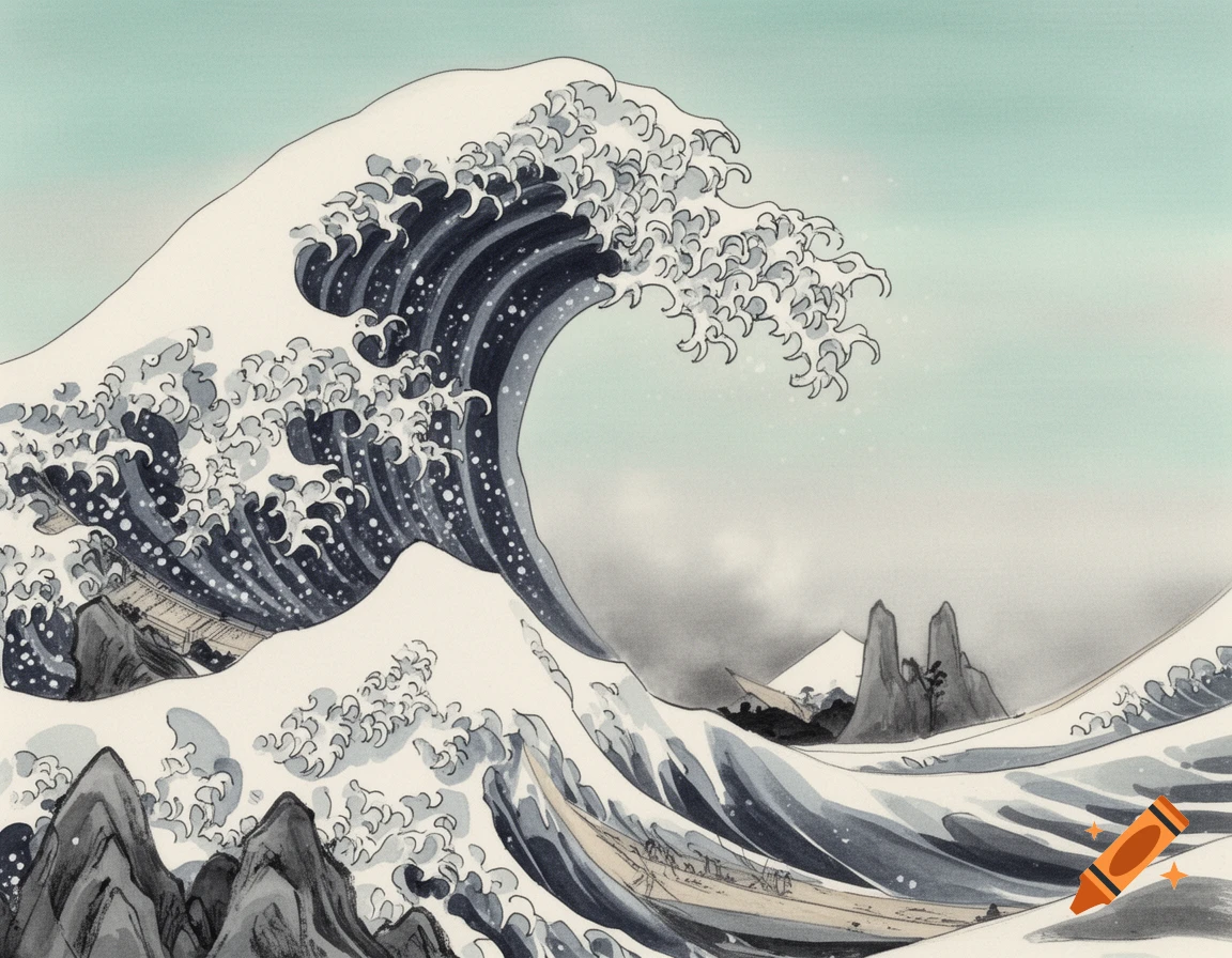 A traditional Chinese painting depicts a large, crashing wave with boats and distant mountains under a light sky.