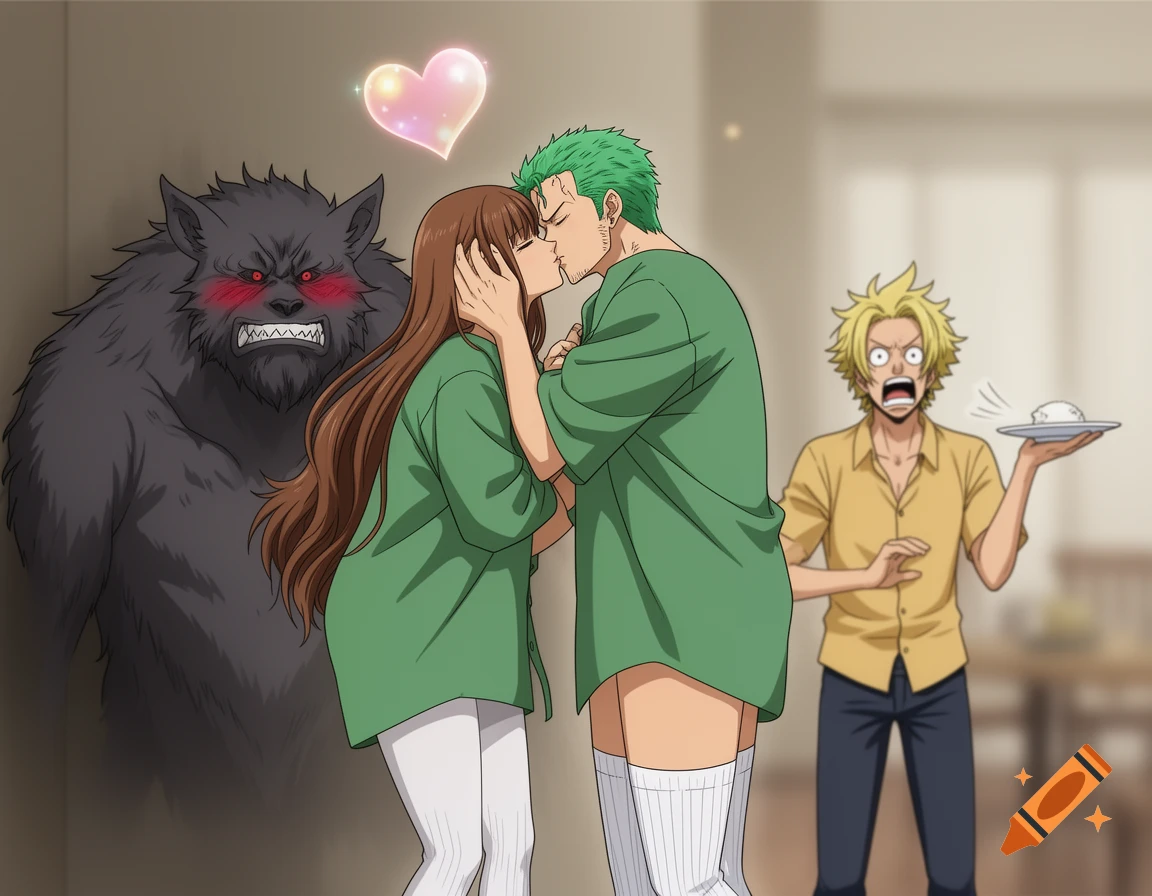 Anime drawing of a green-haired man kissing a brown-haired woman, with a monster blushing angrily and a shocked blonde man holding food in the background.