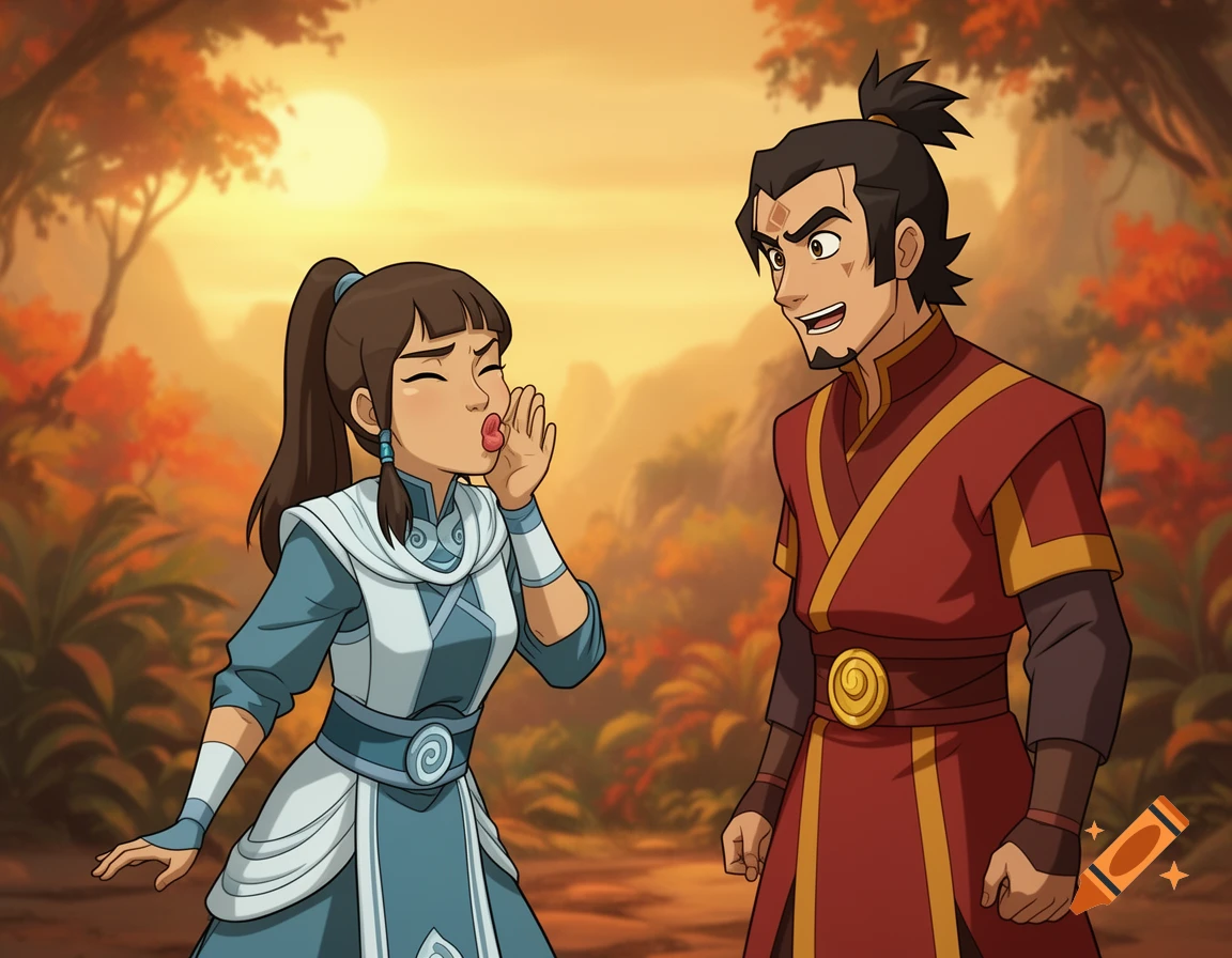 Animated Katara blows a raspberry at a smiling Zuko in a warm autumn setting.