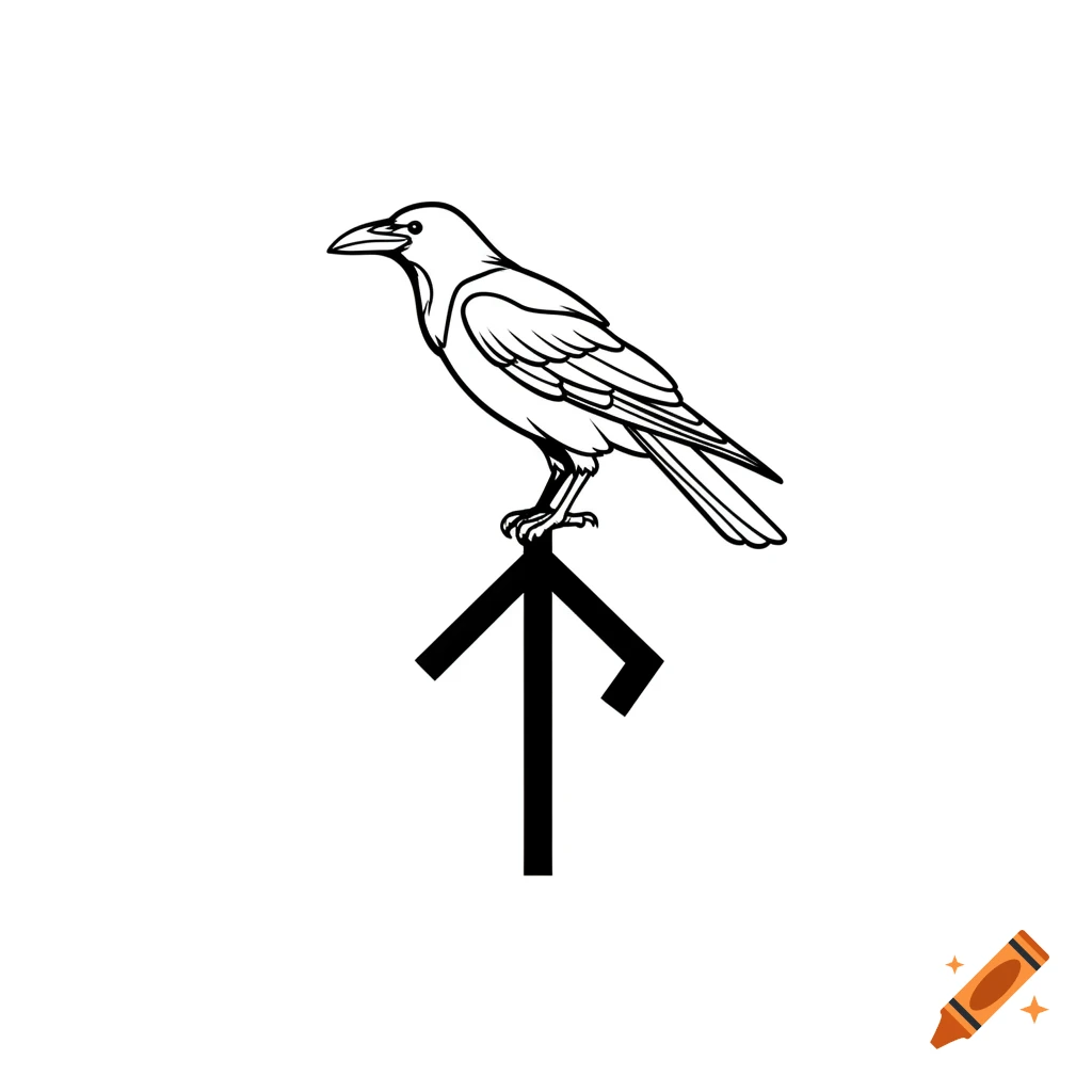 Minimalist black and white tattoo design of a raven perched on a Wunjo rune.