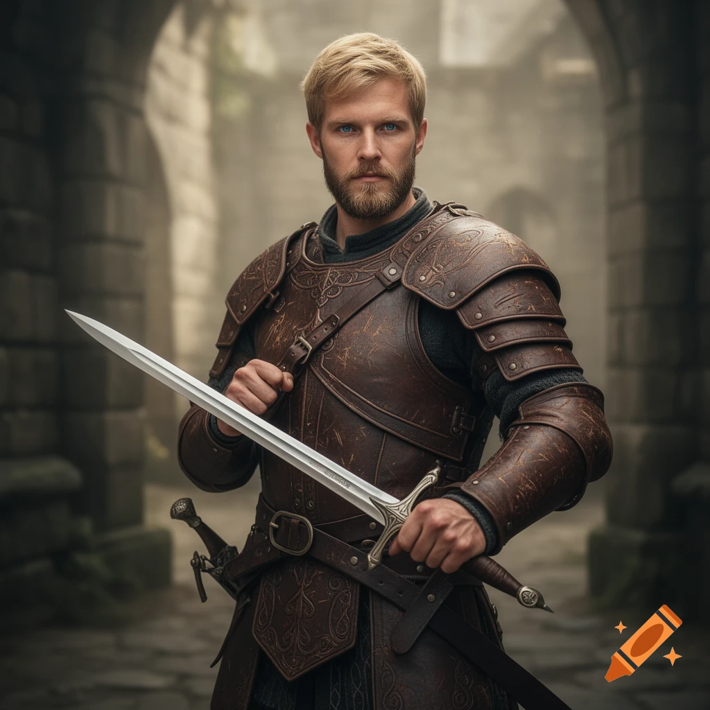 A blond warrior in ornate leather armor holding a sword, standing in a stone archway.