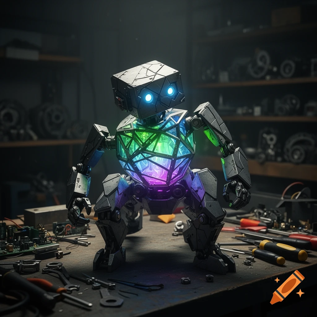 A geometric robot with a glowing, colorful chest stands on a cluttered workbench in a dimly lit workshop, surrounded by tools and parts.
