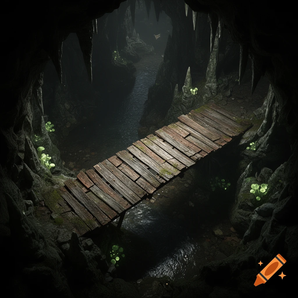 An old wooden bridge spans a dark stream inside a cavern, illuminated by glowing green fungi. Photorealistic, seen from above.
