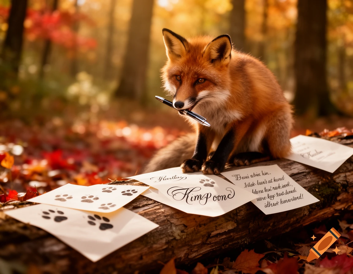 A photorealistic red fox sits on a log in an autumn forest, holding a pen in its mouth next to papers with paw prints and illegible writing.