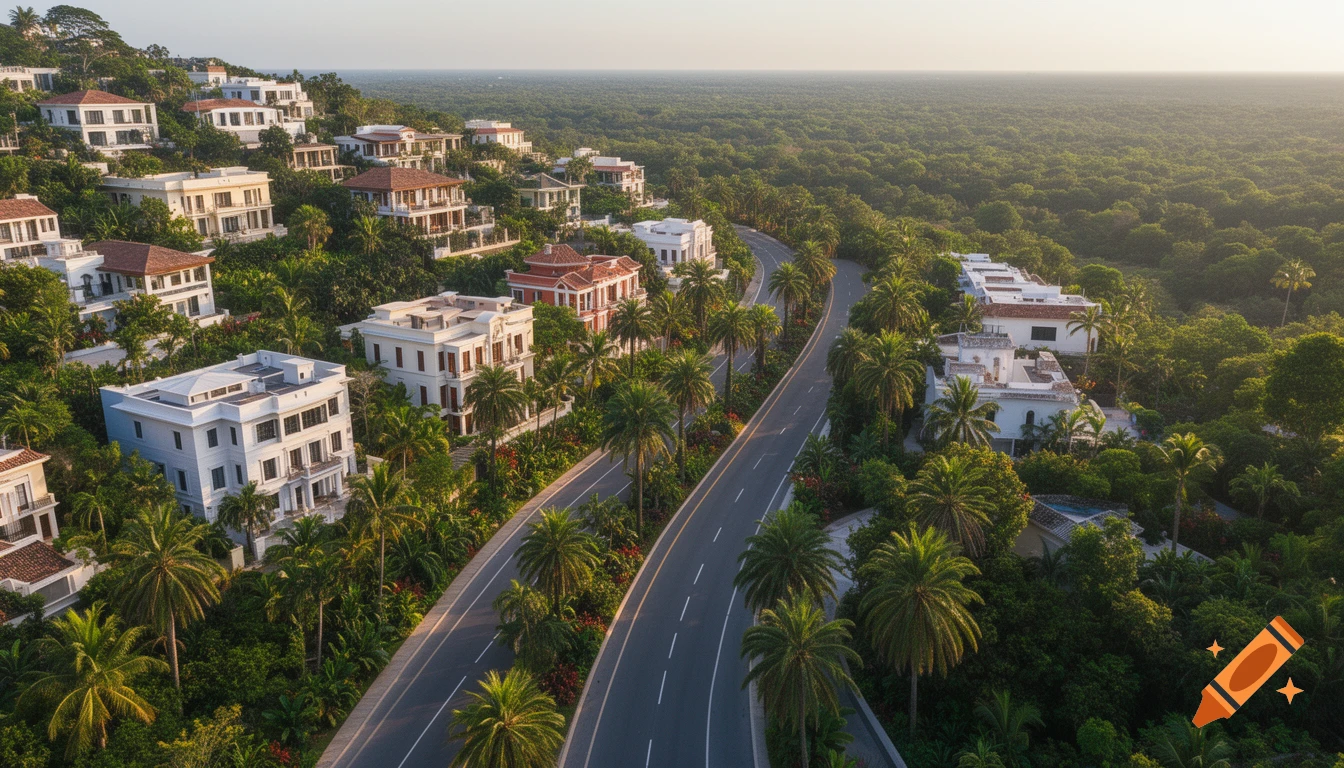 Aerial view of a tropical hillside neighborhood with houses, palm trees, and a winding road.