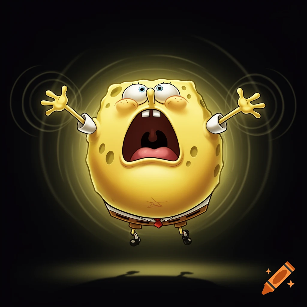 An obese Spongebob SquarePants character screams with arms raised, surrounded by yellow sound waves on a dark background.