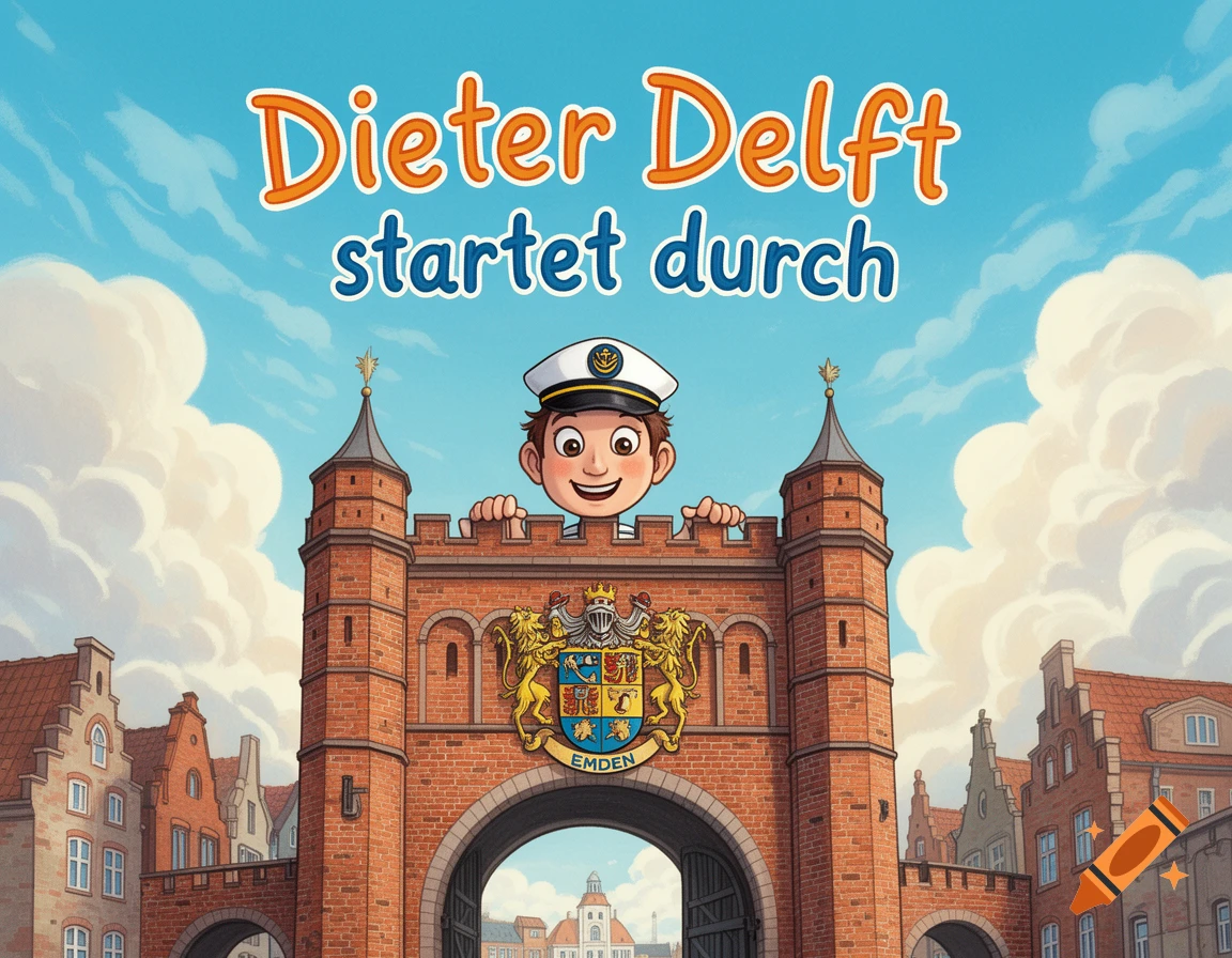 Cheerful cartoon boy in a sailor hat peeks over a historical brick gate with a coat of arms, under a blue sky. Text: 'Dieter Delft startet durch'.