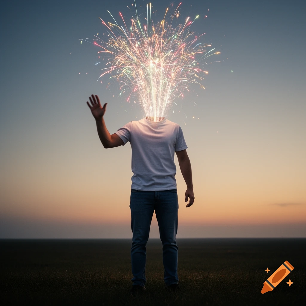 A person with a head of fireworks waves their hand while standing in a field at sunset.