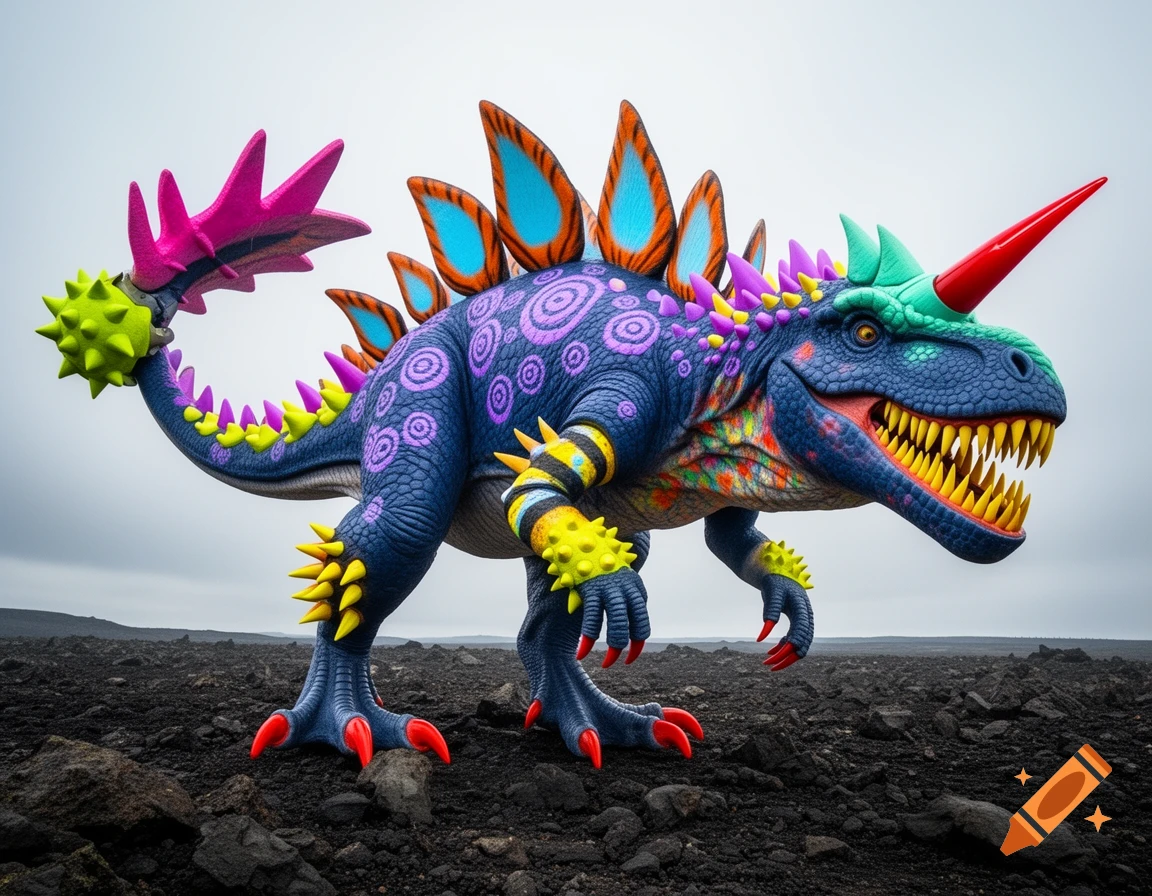 A vibrant, fantastical blue dinosaur with purple rosettes, orange-rimmed blue plates, a red unicorn horn, and yellow spikes stands on dark, rocky terrain under a grey sky.