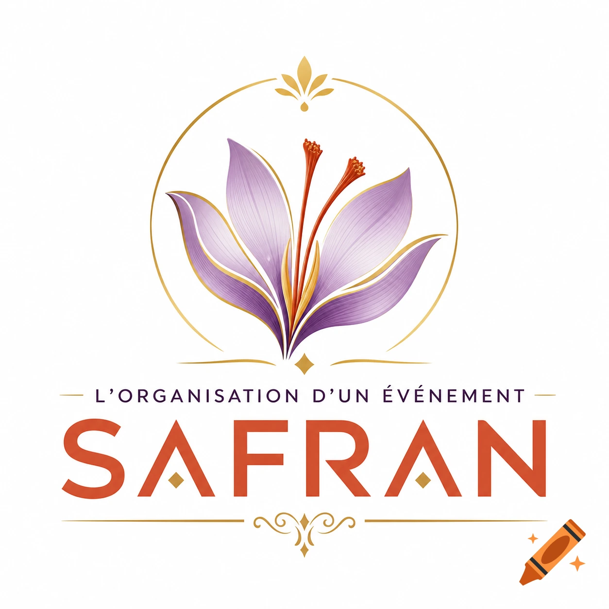 A logo with a stylized purple saffron flower in a golden circle, above the text 'L'ORGANISATION D'UN ÉVÉNEMENT SAFRAN' in French.