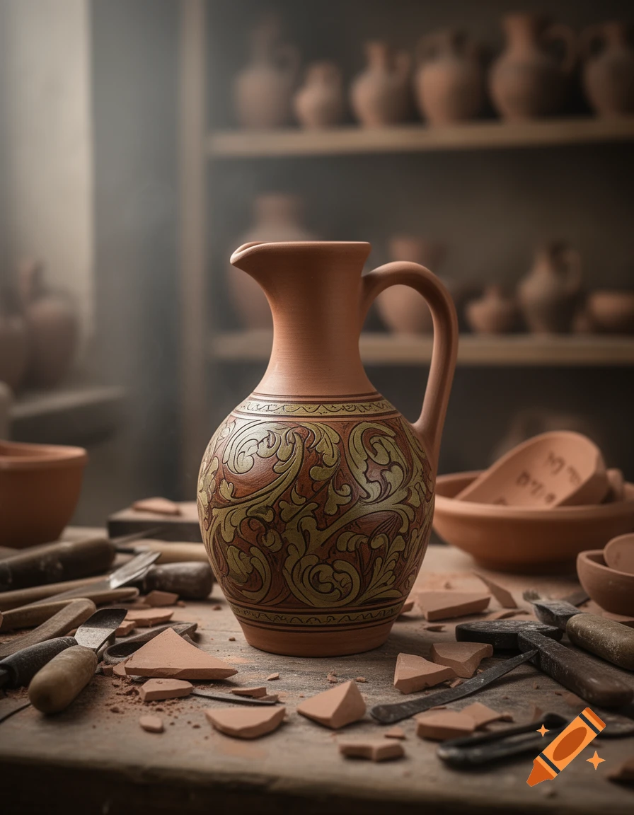 A detailed still life of a decorated terracotta pitcher on a wooden table, surrounded by pottery tools and broken clay shards, with more pottery in the blurred background.