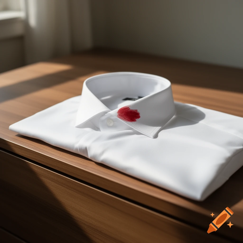 A neatly folded white men's shirt with a bright red lipstick stain on its collar, lying on a wooden dresser.