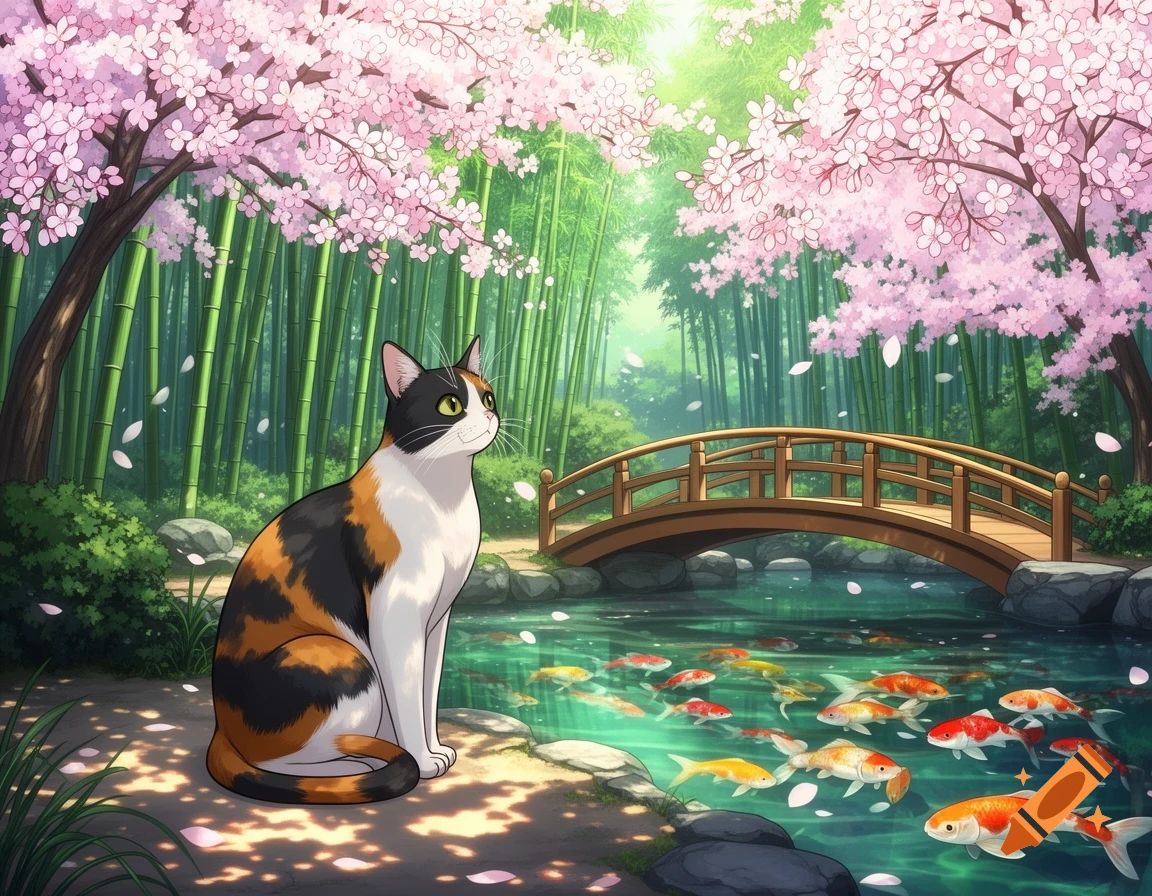 A calico cat sits by a pond filled with koi fish in a Japanese garden with cherry blossom trees and bamboo, featuring a wooden bridge.