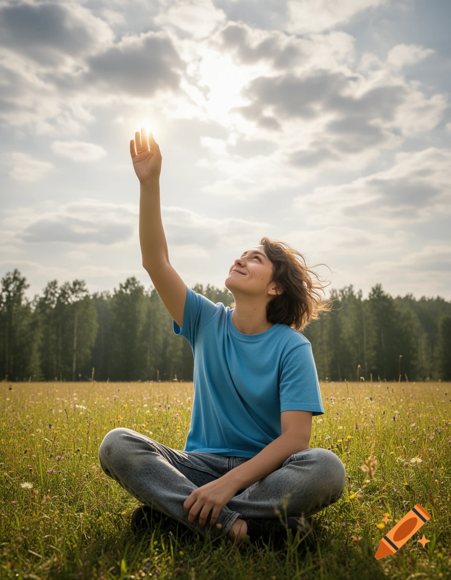 A person sits criss-cross in a sunlit grassy field, looking up and reaching one hand towards the cloudy sky.