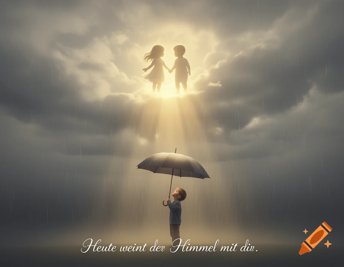 A child with an umbrella looks up at two glowing ethereal children in sunlit clouds while it rains. Text reads: Heute weint der Himmel mit dir.