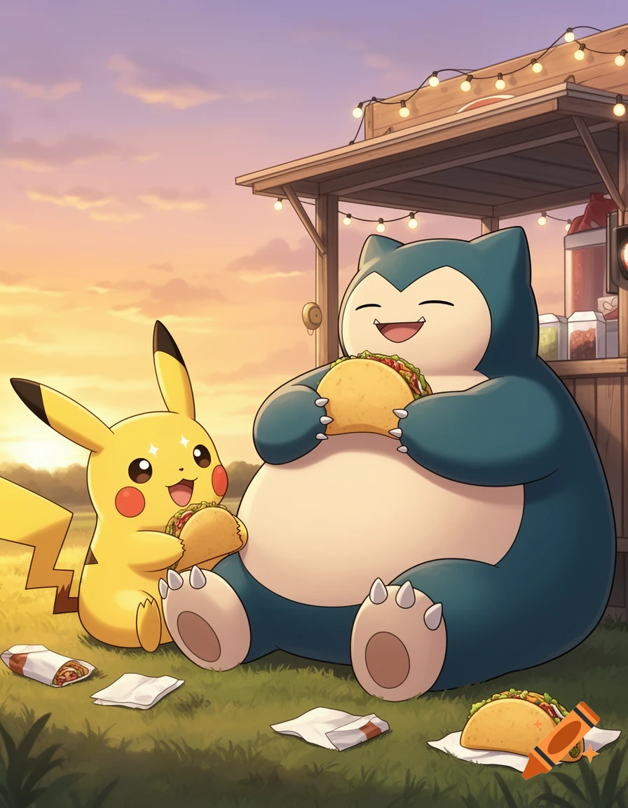 Pikachu and Snorlax happily eat tacos on the grass next to a food stand at sunset.
