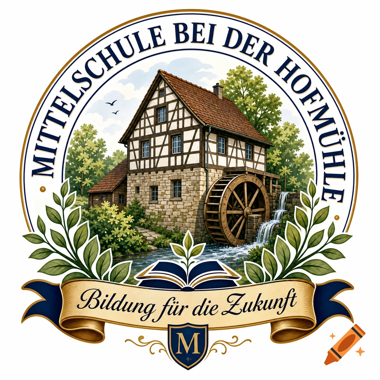 A school logo featuring a traditional half-timbered mill building with a waterwheel and flowing river, surrounded by trees and lush foliage, within a circular frame. Text reads "MITTELSCHULE BEI DER HOFMÜHLE" on the top arc and "Bildung für die Zukunft" on a banner below. A shield with an 'M' is at the bottom.