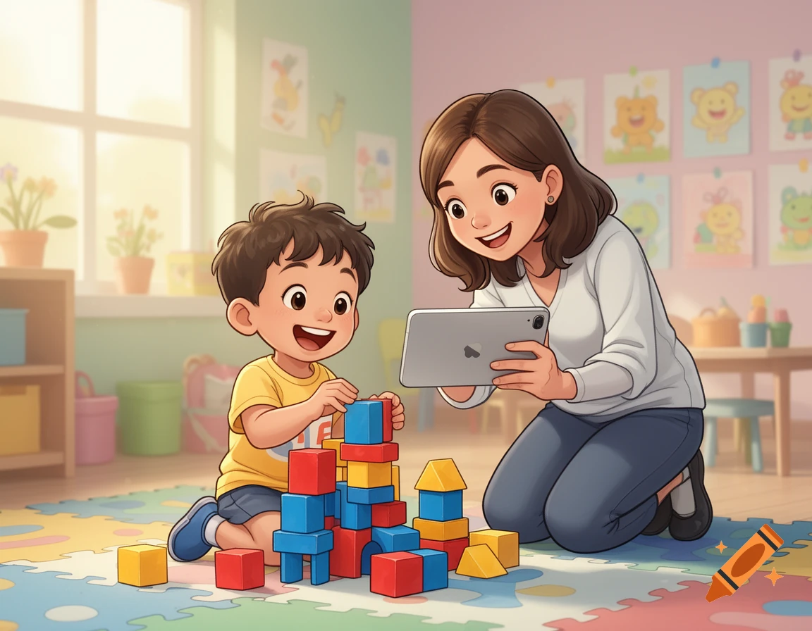 A happy cartoon child builds a block tower while a teacher kneels to take a photo with an iPad in a colorful kindergarten classroom.
